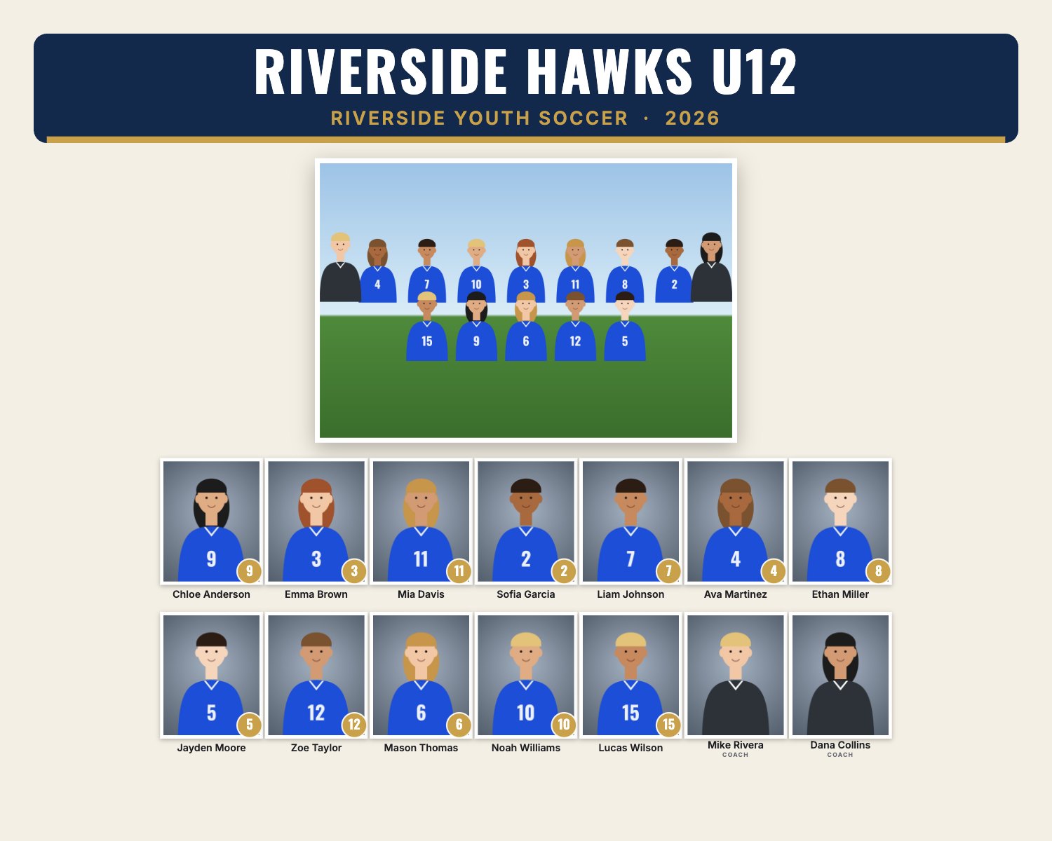 Example team composite with a team photo on top and player headshots with names and numbers below