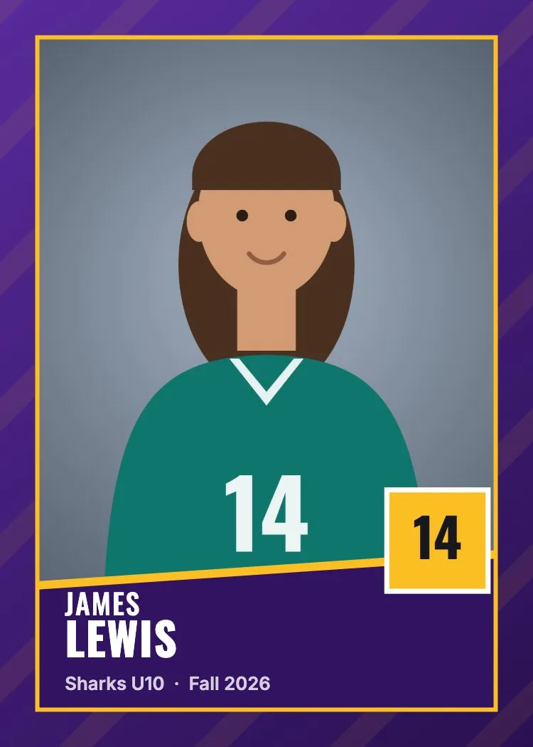 Sports trading card example in the Bold style, purple and gold
