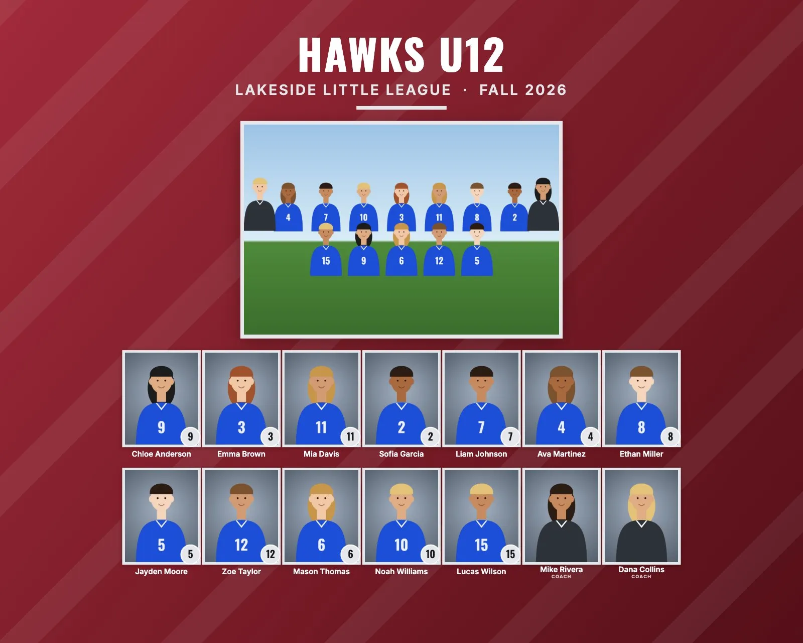 Team composite example for Hawks U12, Lakeside Little League: Bold style: team-color background with diagonal stripes, a large team photo and framed headshots in the accent color, in crimson and silver, 10 × 8" landscape
