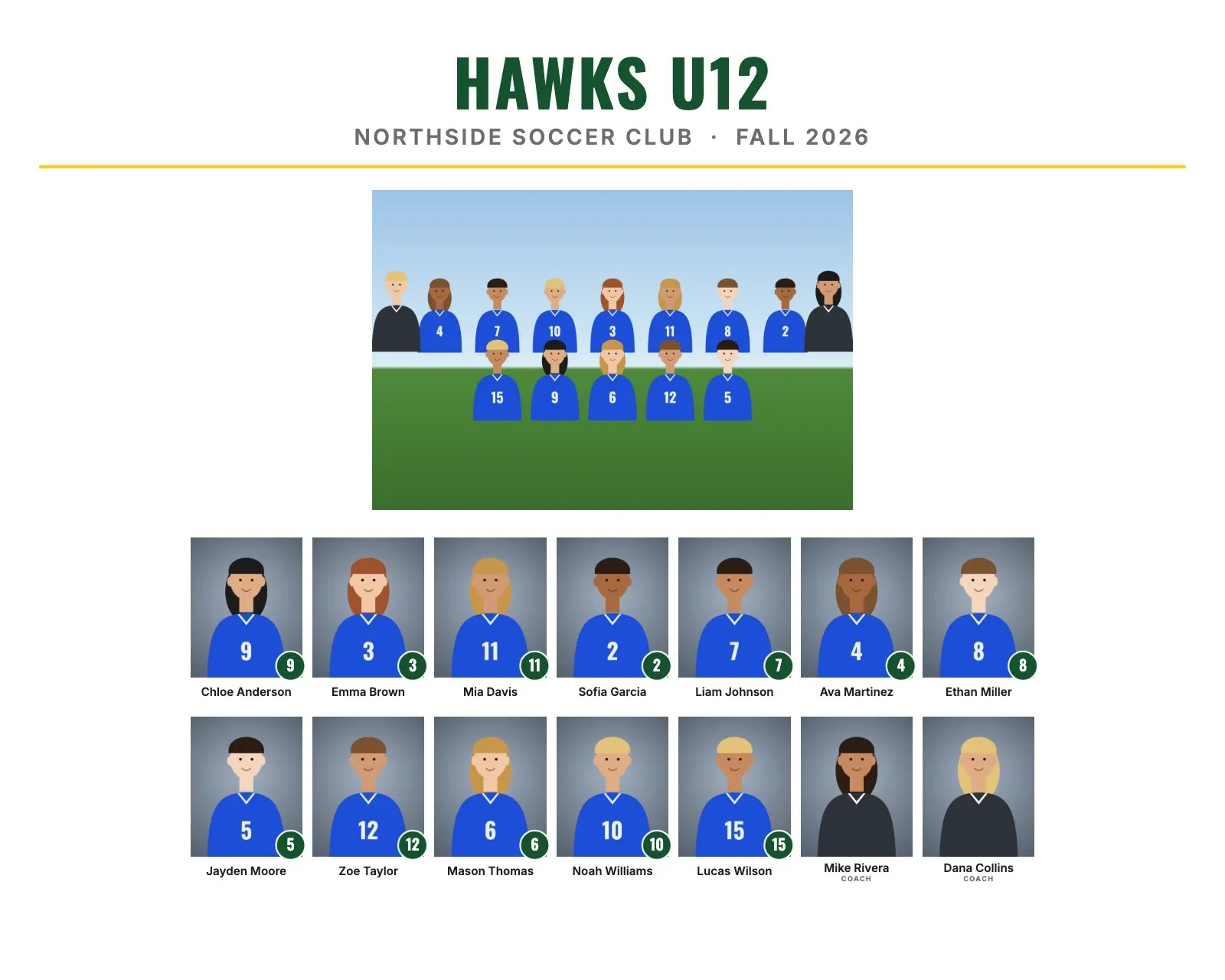 Team composite example for Hawks U12, Northside Soccer Club: Clean style: white background, a thin accent line under the title and simple headshots with names, in green and yellow, 10 × 8" landscape