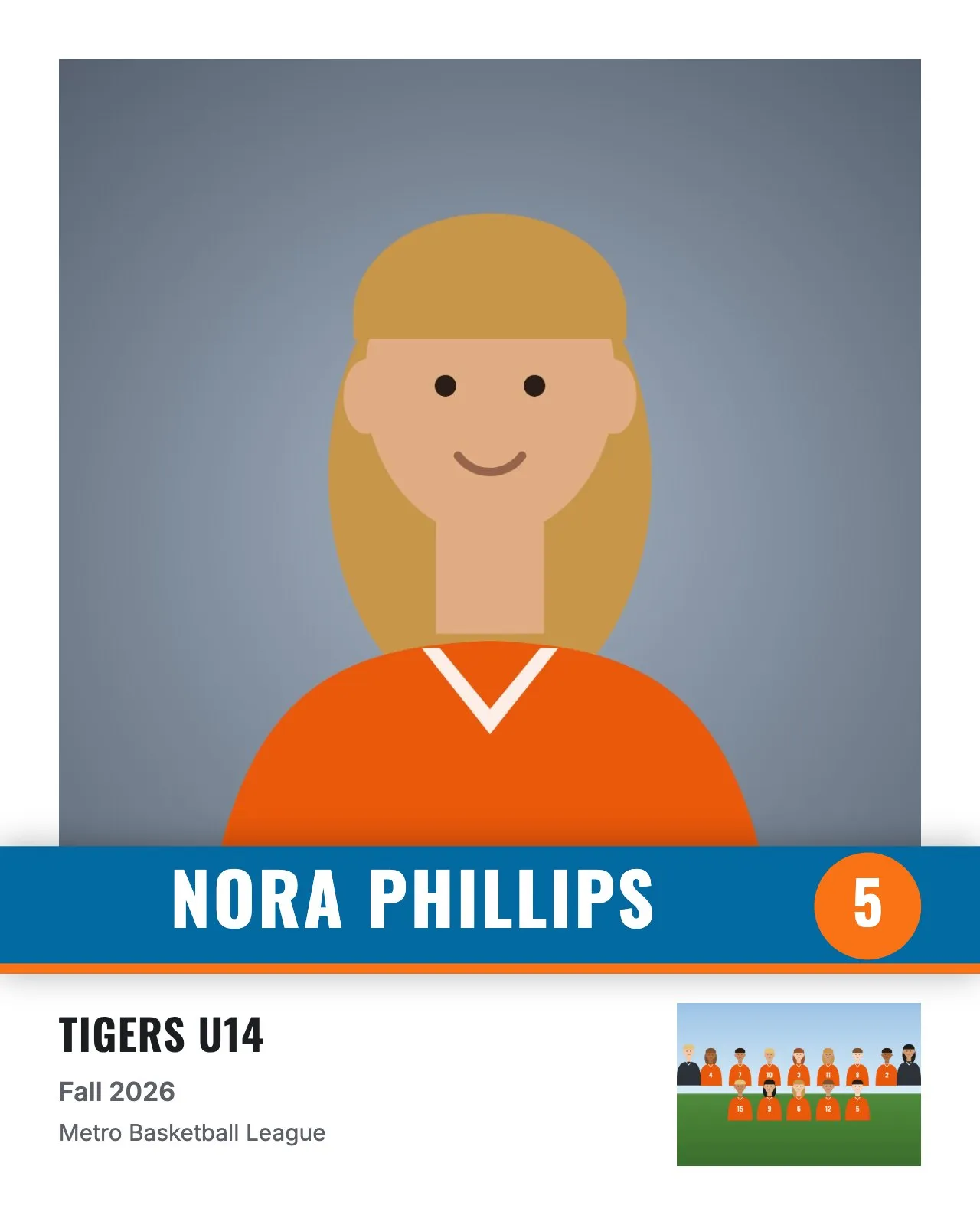 Memory mate example, player card layout in blue and orange: Clean player card in blue with an orange number badge