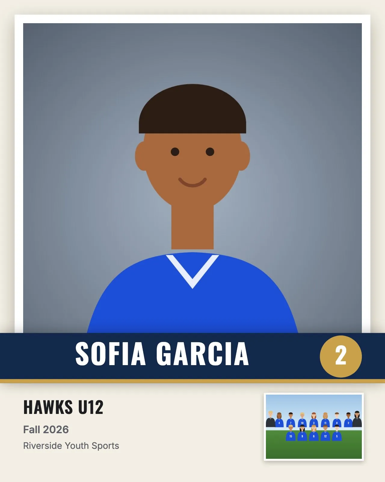 Memory mate example, player card layout in navy and gold: Trading-card look: big portrait, name banner, number badge and the team photo as an inset