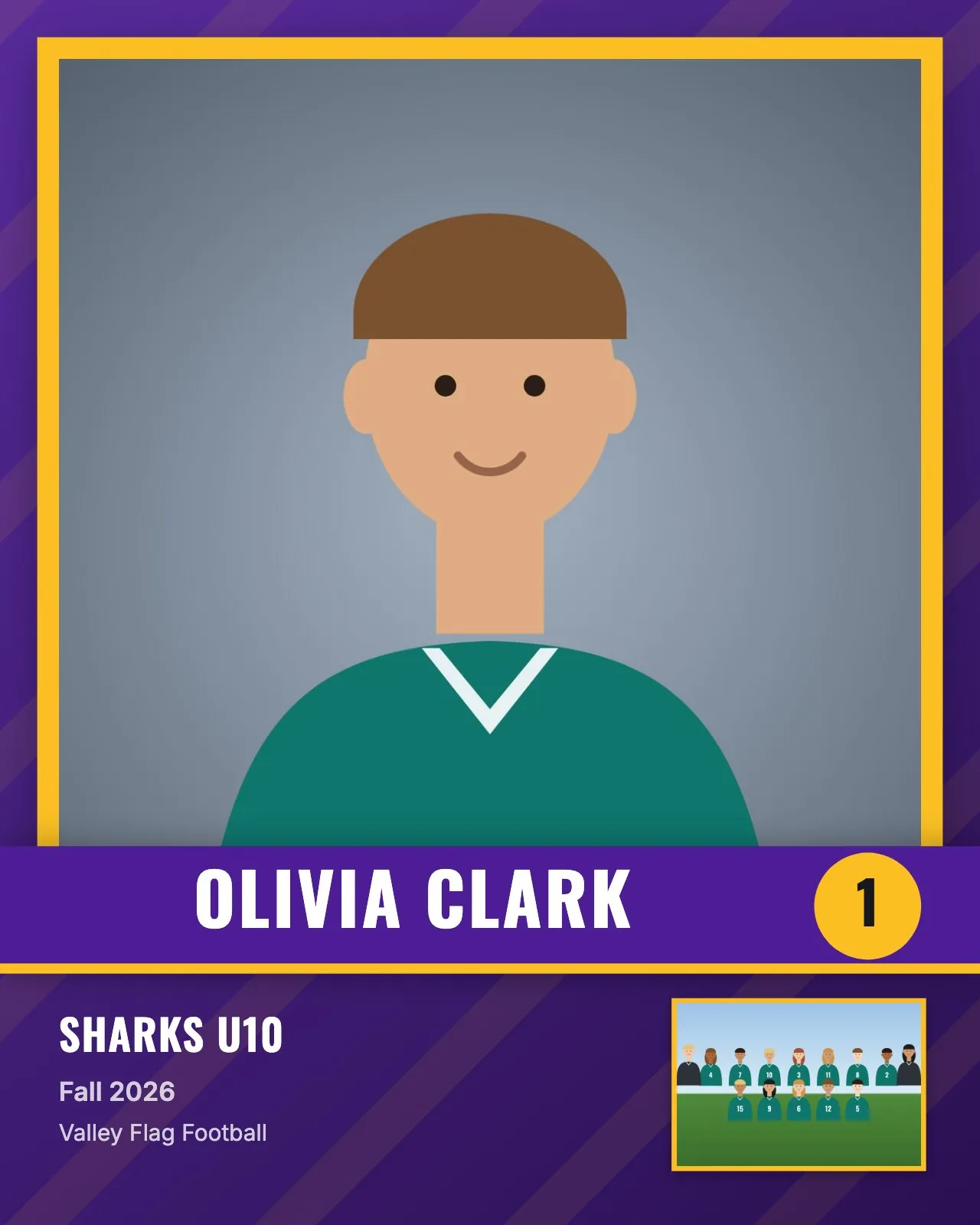 Memory mate example, player card layout in purple and gold: Bold player card with a gold frame and striped background