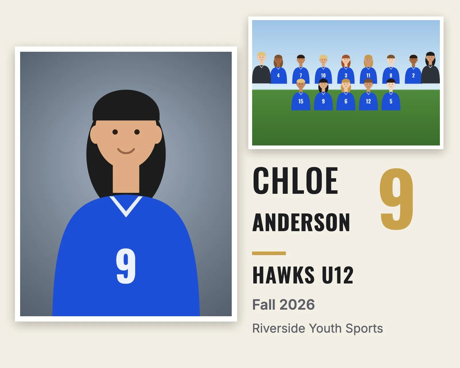Side-by-side memory mate next to the idea of a team composite: player portrait, team photo, name and number