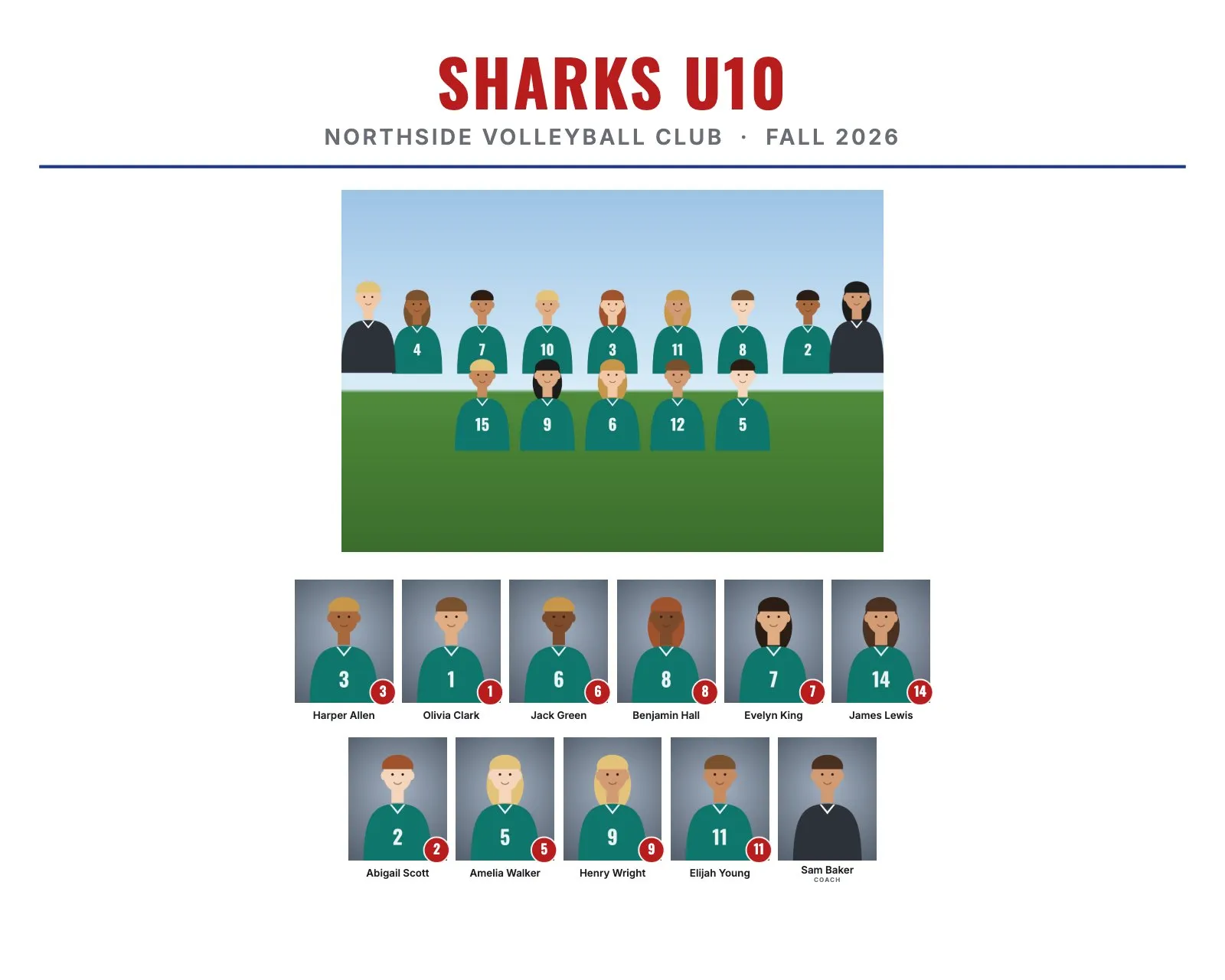 Team composite in the Clean style with a white background, group photo and member headshots with names