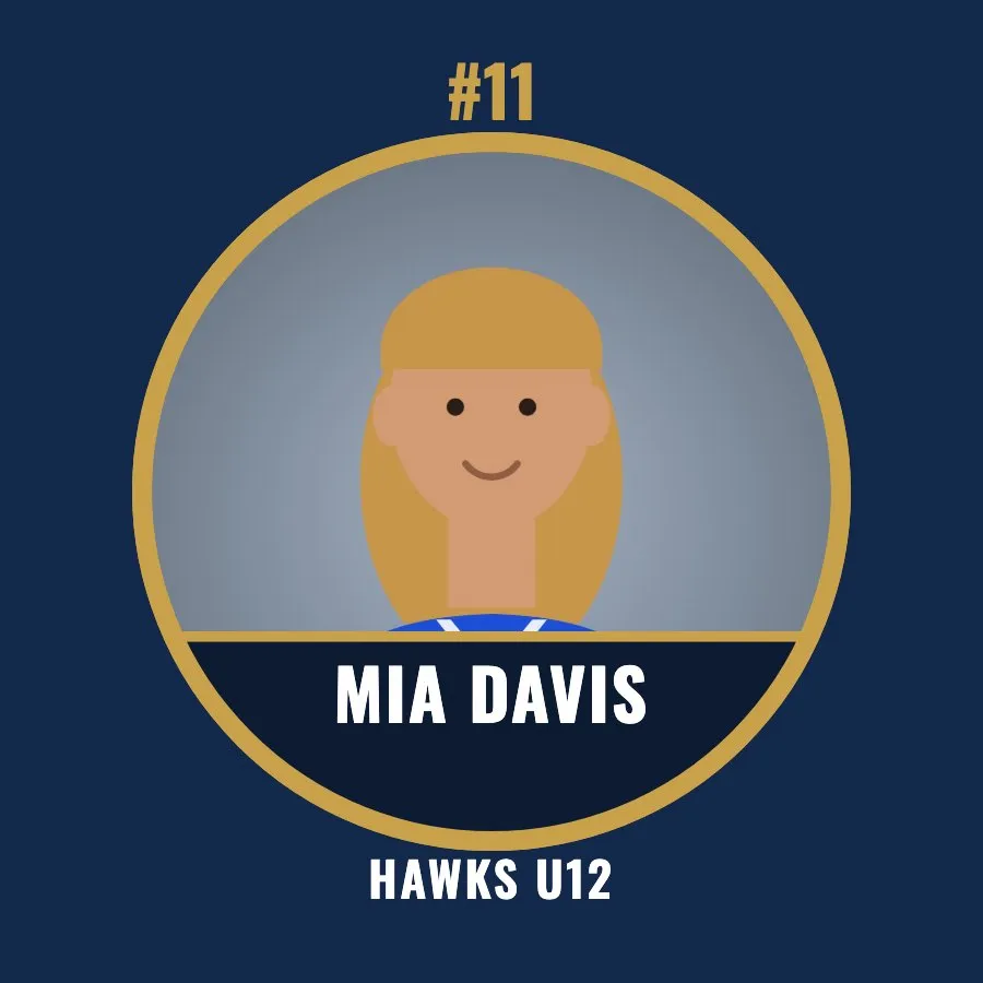 Round photo button for Mia Davis, #11, Hawks U12, in navy and gold, made in RosterFrame