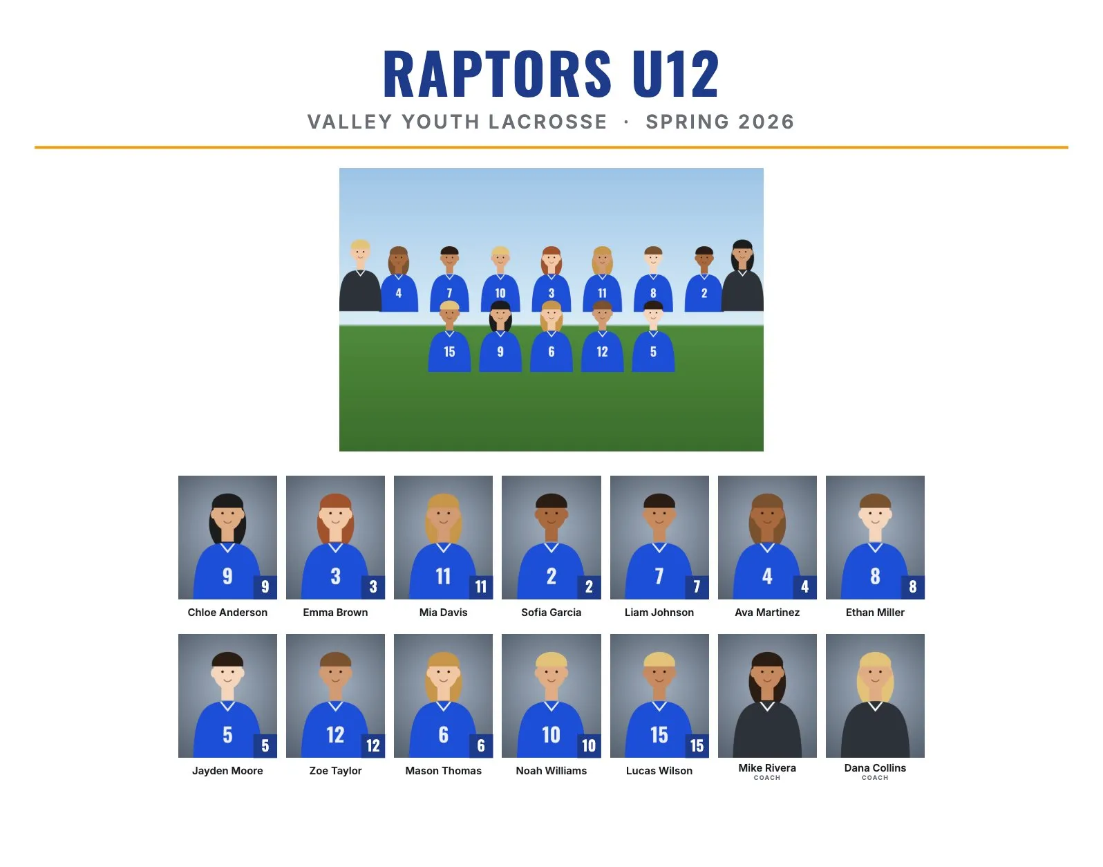 Lacrosse team composite in the Clean style on 14 by 11 inch landscape: white background, blue title, team photo and 15 headshots with names and numbers
