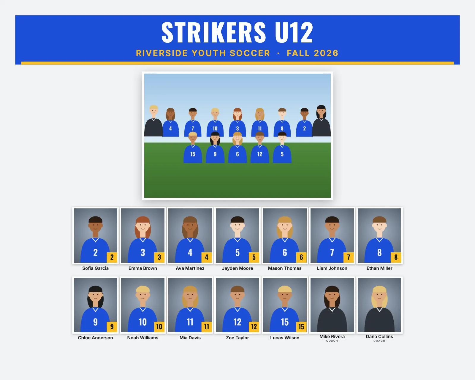 Soccer team composite in the Classic style: royal blue banner, team photo on a field and 15 headshots with names and jersey numbers